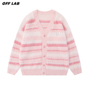 粉色条纹毛衣开衫女宽松慵懒秋冬甜美温柔风，奶fufu水貂毛针织外套
