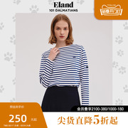 eland衣恋t恤女一字领条纹，长袖纯棉上衣，学院风打底衫秋