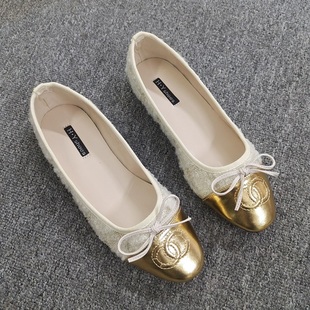 平底法式小香风单鞋女鞋子，2024年春季圆头金色，蝴蝶结芭蕾舞奶奶鞋