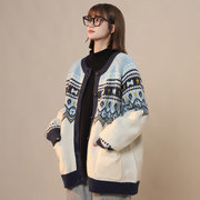 秋冬季羊毛美式复古毛衣女装潮流撞色拼接针织衫开衫外套