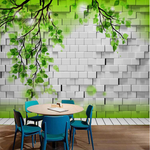 立体砖块绿色抽象树，壁画小清新花鸟藤蔓装饰画，客厅沙发电视背景墙