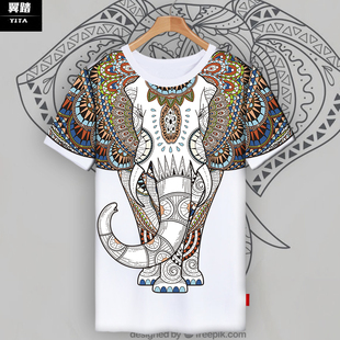 大象图腾泰国文化吉祥如意民族风冰丝短袖，t恤衫男女薄款半袖衣服