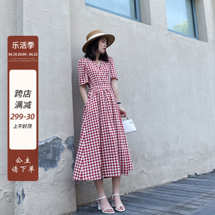 法式红色雪纺格子连衣裙女夏2024年小众高级感气质洋气仙女裙