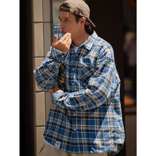 RESTICK 23AW定织面料蓝色格子衬衫男士春季日系复古长袖外套潮