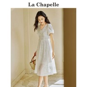 拉夏贝尔/La Chapelle法式泡泡袖连衣裙女夏季V领镂空显瘦A字裙