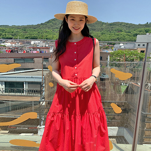 韩国chic夏季法式简约圆领，单排扣宽松层次感无袖，背心连衣裙长裙女