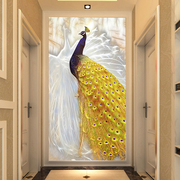 欧式3d玄关过道走廊背景墙壁纸，简约5d立体孔雀，装饰壁画影视墙布