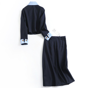 蓝色条纹翻领显瘦短款翻边长袖休闲女短外套高腰半身裙女套装N502