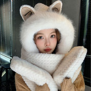 冬季猫耳朵帽子手套围巾女毛绒可爱洋气百搭保暖三件套护耳帽