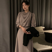 韩国chic冬季优雅气质堆堆领系带收腰显瘦泡泡袖中长款连衣裙女