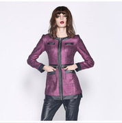 品牌冬季奢华金属质感拼皮玫红色修身中长款外套夹克