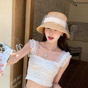 拉菲草帽女夏季法式复古时尚网纱遮阳帽大姐姐同款防晒太阳帽潮