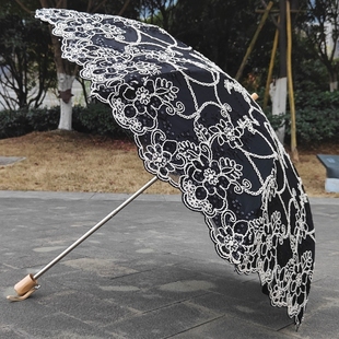高档黑色蕾丝刺绣花亮片太阳伞黑胶防紫外线防晒晴雨两用复古洋伞