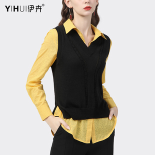 两件套装毛衣针织衫马甲女短款背心，黑色搭配黄色，衬衫春装职业衬衣