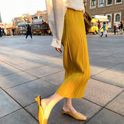 三宅褶皱黄色半身裙女夏薄款高级感小个子雪纺，中长款开衩百褶长裙