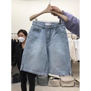 韩国东大门2024夏季时尚，高腰开叉休闲直筒阔腿牛仔五分短裤女