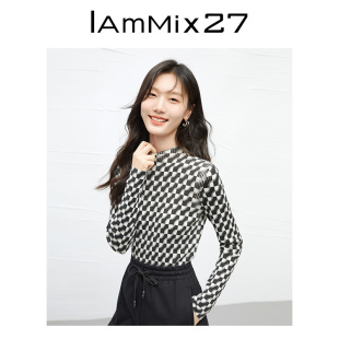 iammix27半高圆领套头毛衫女修身显瘦黑白格子，绵羊毛针织打底衫女