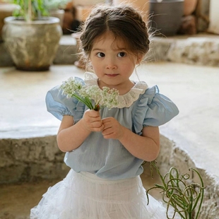 女童短袖T恤韩国童装FLO2024夏季宝宝花边纯色荷叶领泡泡袖公主