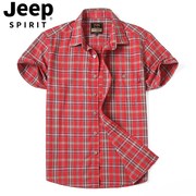 Jeep红色格子衬衫男短袖夏季休闲上衣服2024纯棉半截袖衬衣男