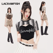 欧阳橙汐同款lacrawfish辣妹字母印花吊带，背心条纹短袖上衣两件套