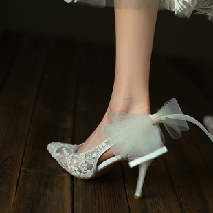 Maudie法式复古细跟新娘婚鞋网纱镂空蝴蝶结礼服伴娘鞋细跟高跟鞋