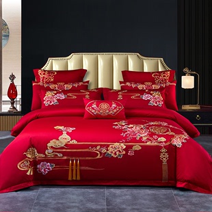 恒源祥结婚床上四件套床单被套纯棉全棉婚庆喜庆大红中式传统刺绣
