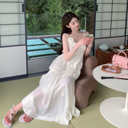 fairyjiang夏季气质白色v领吊带连衣裙长款过膝无袖，露肩仙女裙子