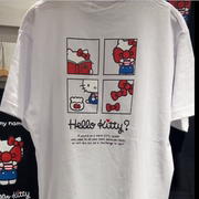 hellokitty夏季联系短袖宽松黑白印花t恤男女同款情侣闺蜜