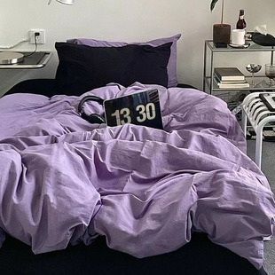紫色少女心ins博主风水洗棉四件套混搭裸睡被套三件套床单床笠1.8