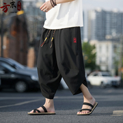 七分裤男夏季冰丝男裤，大码哈伦运动裤中国风，刺绣宽松阔腿沙滩短裤