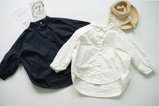 24春男童女童纯色蝙蝠袖中长款棉质衬衫裙，韩国儿童造型款大版衬衫