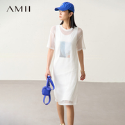 Amii2024夏网纱印花白色连衣裙女背心裙时尚透视裙子两件套