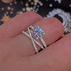 高级莫桑钻欧美流行款双层缠绕戒指，订婚结婚指环轻奢饰品镀白金