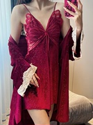性感金丝绒睡衣女红色本命年结婚晨袍睡袍纯欲蕾丝吊带睡裙两件套