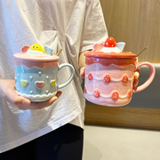可爱情侣陶瓷杯子马克杯，带盖勺高颜值喝水少女水杯ins风家用咖啡