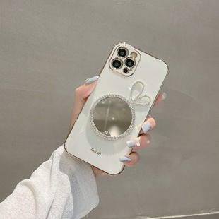 水钻兔耳朵补妆镜子iphone15pro适用14pro手机壳13promax超薄软硅胶12个性创意，11苹果xsxr保护套plus女