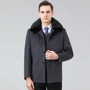 冬季中老年羊绒大衣短款翻领男士羊毛呢子兔毛领加绒保暖扣子外套