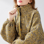 邑品蝙蝠袖毛呢外套，女短款2023冬装，宽松高领防风羊毛呢子大衣