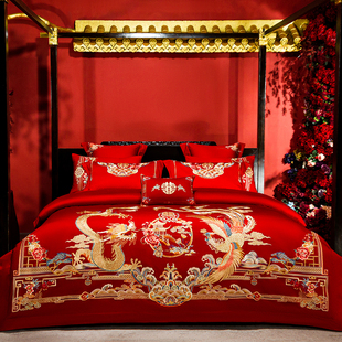 思辰家纺结婚四件套床上用品，大红全棉龙凤刺绣，喜被高档婚庆十件套