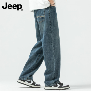 jeep吉普牛仔裤男士春季宽松直筒，纯棉阔腿裤潮牌大码复古长裤子男