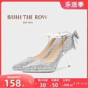 suni银色蝴蝶结防水台新娘婚鞋女细跟2024水晶鞋亮片婚纱高跟鞋