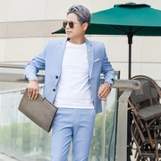男士修身韩版天蓝色西装，潮流时尚休闲小西服发型师夜店男外套