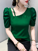 韩国性感斜领短袖T恤女夏欧货设计感泡泡袖上衣气质显瘦半袖小衫