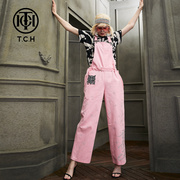 t.c.h轻奢潮牌长裤粉色，甜美宽松烫钻个性，牛仔背带裤女t212203008