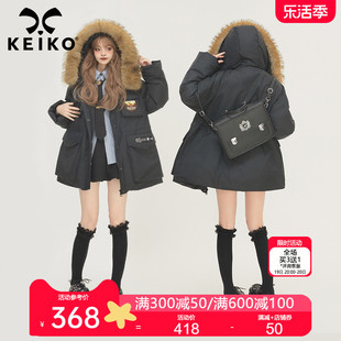 KEIKO 学院风黑色大毛领连帽派克棉服女冬季美式工装宽松保暖外套