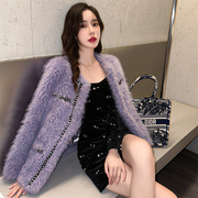 yesjing原创设计紫色小香风，皮草外套女冬季时尚加厚毛毛大衣