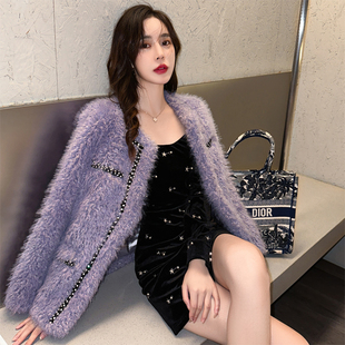 yesjing原创设计紫色小香风皮草外套女冬季时尚加厚毛毛大衣