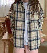 直邮韩国东大门大码女装，2023年秋冬季格子，中长款长袖衬衫