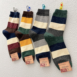 韩国男士袜子秋冬款东大门条纹拼色羊毛袜加厚保暖雪地中筒袜