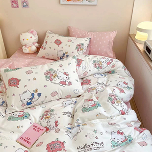 可爱卡通凯蒂猫床上用品磨毛四件套床单被套单双人学生宿舍三件套